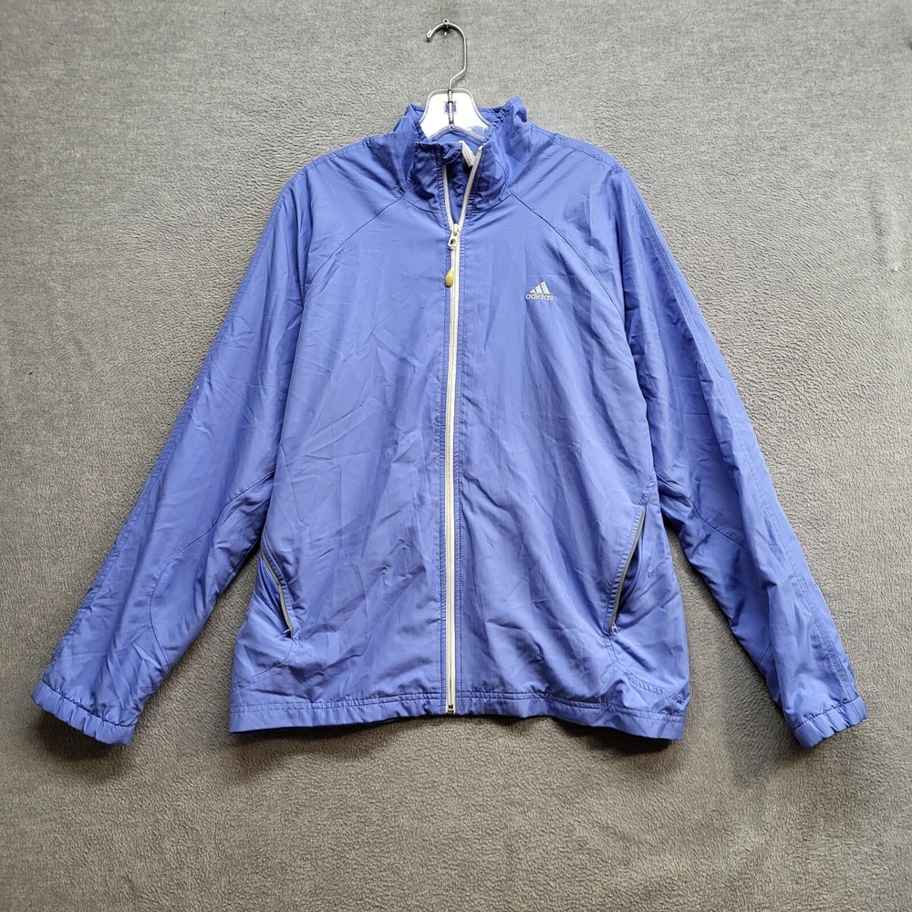 VINTAGE Adidas Women Track Jacket XL Blue Y2K Full Zip Windbreaker Mesh READ